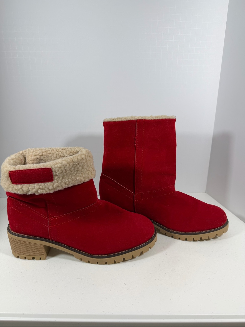 Women's Red Suede Sherpa-Lined Ankle Heeled Boots